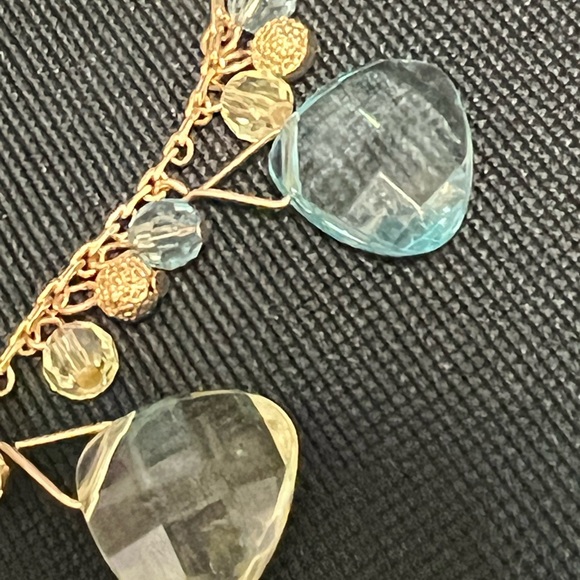 Earrings and necklace matching set. Clear blue & lime gems with gold-tone metal. - Picture 6 of 7